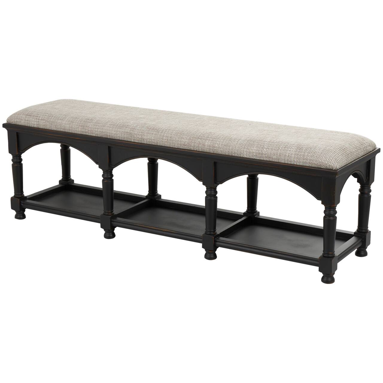 59" Black & Beige Fabric Arched Storage Bench with Traditional Turned Legs